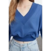 Tarz Relaxed V Yaka Düşük Kol Crop Rahat Kalıp V Yaka Kalın Örme Sweatshirt