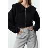 Style Crop Polo Neck Low Sleeve Crop Regular Cut Zippered Collar Detailed Knitted Sweatshirt