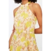 Moda Stil Regular Halter Yaka Midi Boy Çiçek Desenli Kuşaklı A Kesim Kolsuz Astarlı Dokuma Elbise