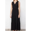 Moda Stil Kloş Kruvaze Maxi Boy Siyah V Yaka Kolsuz A-Line Örme Elbise
