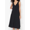 Fashion Style Relaxed V Neck Midi Length Comfortable Cut Woven Dress