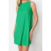 Moda Stil Relaxed Bisiklet Yaka Mini Boy Geniş Kesim Keten Görünümlü Kolsuz Dokuma Elbise