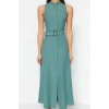 Moda Stil Regular Halter Yaka Maxi Boy Kemerli Dokuma Gömlek Elbise