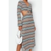 Fashion Style Regular V Neck Maxi Length Cut Out Detailed Printed Flexible Knitted Dress