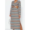 Fashion Style Regular V Neck Maxi Length Cut Out Detailed Printed Flexible Knitted Dress