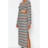 Fashion Style Regular V Neck Maxi Length Cut Out Detailed Printed Flexible Knitted Dress