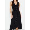 Fashion Style Regular Square Collar Midi Length V Neck Button Detailed Woven Shirt Dress