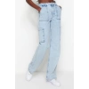 Stil Kadın Moda Denim Kot Pantolon Uzun Geniş Paça Kargo Cepli Yüksek Bel Jeans