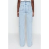 Stil Kadın Moda Denim Kot Pantolon Uzun Geniş Paça Kargo Cepli Yüksek Bel Jeans