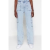 Stil Kadın Moda Denim Kot Pantolon Uzun Geniş Paça Kargo Cepli Yüksek Bel Jeans