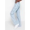 Stil Kadın Moda Denim Kot Pantolon Uzun Geniş Paça Kargo Cepli Yüksek Bel Jeans