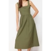 Fashion Style Regular Square Neck Midi Length Waist Opening Corset Stitch Detailed Woven Dress