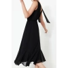 Moda Stil Regular V Yaka Maxi Boy A Kesim Beli Lastikli Şifon Astarlı Dokuma Elbise