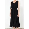 Moda Stil Regular V Yaka Maxi Boy A Kesim Beli Lastikli Şifon Astarlı Dokuma Elbise