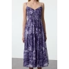 Moda Stil Regular Kalp Yaka Midi Boy Desenli Skater Dokuma Elbise