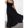 Moda Stil Regular Kare Yaka Maxi Boy Düz A Kesim Gipeli Dokuma Elbise