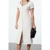 Moda Stil Regular Ceket Yaka Midi Boy Aksesuar Detaylı Tüvit Dokuma Kışlık Gömlek Elbise