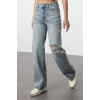 Stil Kadın Moda Denim Kot Pantolon Regular Geniş Paça Mavi Yırtıklı Yüksek Bel Jeans