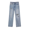 Stil Kadın Moda Denim Kot Pantolon Regular Geniş Paça Mavi Yırtıklı Yüksek Bel Jeans