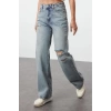 Stil Kadın Moda Denim Kot Pantolon Regular Geniş Paça Mavi Yırtıklı Yüksek Bel Jeans