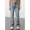 Stil Kadın Moda Denim Kot Pantolon Regular Geniş Paça Mavi Yırtıklı Yüksek Bel Jeans