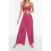 Fashion Knitted High Waist Plain V Neck Beach Fuchsia Woven Slit Blouse Trousers Set