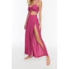 Fashion Knitted High Waist Plain V Neck Beach Fuchsia Woven Slit Blouse Trousers Set