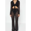 Fashion Woven Geometric V Neck Beach Black Knitted Tied Mesh Blouse Trousers Set