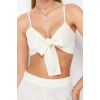 Fashion Woven Plain Heart Neck Beach Woven Tied Blouse Trouser Set