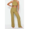 Fashion Woven Plain Halter Neck Beach Ecru Knitted Lace Blouse Trousers Set
