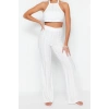 Fashion Woven Plain Halter Neck Beach Ecru Knitted Lace Blouse Trousers Set