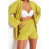 Fashion Woven Plain V Neck Beach Oil Green Woven Kimono Shorts Set