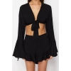 Fashion Plain V Neck Pleated Ruffle Sleeve Beach Pomegranate Flower Woven Ruffle Blouse Shorts Set