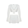 Fashion Plain V Neck Pleated Ruffle Sleeve Beach Pomegranate Flower Woven Ruffle Blouse Shorts Set