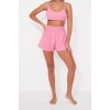 Fashion Knitted Plain Crew Neck Beach Fuchsia Knitted Towel Blouse Shorts Set