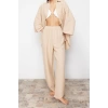 Fashion Woven Plain Shirt Collar Beach Woven Tied Linen Blend Shirt Trouser Set