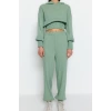 Moda Triko Düz Kapüşonlu Casual Günlük Mint Kapüşonlu Triko Alt-Üst Takım