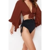 Moda V Yaka Dokuma Fit Düz Desen Plaj Crop Truvakar Kol Kol Bluz