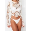 Moda Kayık Yaka Triko Regular Ajurlu Desen Plaj Crop Uzun Kol Bluz