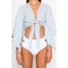 Moda Gömlek Yaka Dokuma Relaxed Çizgili Desen Plaj Crop Uzun Kol Bluz