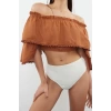 Moda Kayık Yaka Dokuma Relaxed Düz Desen Plaj Crop Kısa Kol Bluz