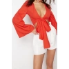 Fashion V Neck Woven Relaxed Plain Pattern Beach Crop Long Sleeve Blouse