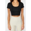 Fashion Square Neck Knitted Fit Plain Pattern Sportswear Crop Short Sleeve Blouse