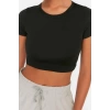 Fashion Crew Neck Knitted Fit Plain Pattern Sportswear Super Crop Short Sleeve Blouse