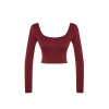 Moda Kare Yaka Örme Fit Düz Desen Sportswear Crop Uzun Kol Bluz