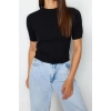 Moda Bisiklet Yaka Triko Regular Düz Desen Casual Günlük Crop Kısa Kol Bluz