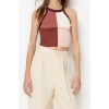 Fashion Halter Neck Knitwear Slim Color Block Pattern Casual Daily Crop Sleeveless Blouse