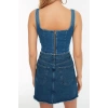 Fashion Square Collar Denim Regular Plain Pattern Casual Daily Crop Strappy Sleeve Blouse