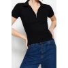 Fashion Polo Collar Knitted Slim Plain Pattern Casual Daily Regular Short Sleeve Blouse
