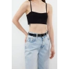 Moda Kalp Yaka Triko Regular Düz Desen Casual Günlük Crop Askılı Kol Bluz